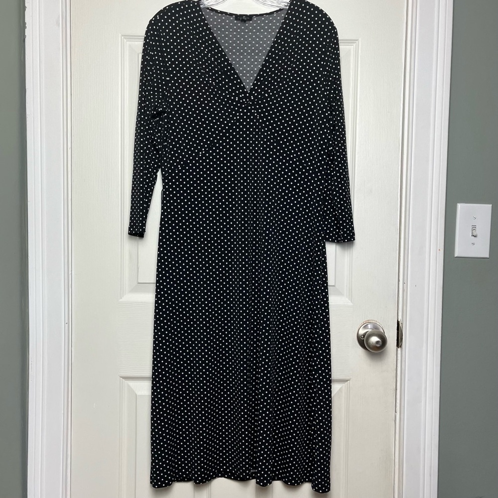 Talbots Black White Polka Dot V-Neck Jersey Dress 3/4 Sleeves Sz 8